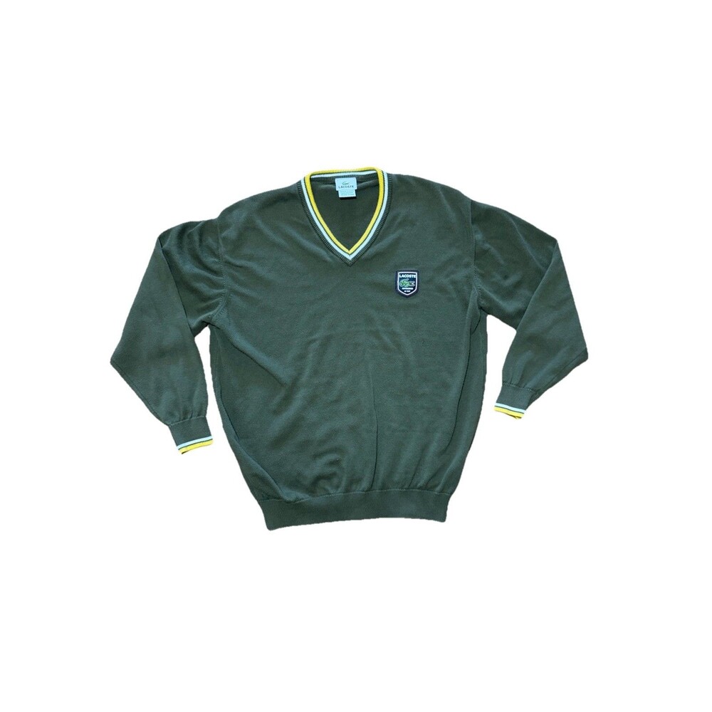 Lacoste Sweater Mens Large 7 Green Crest V Neck Jumper Preppy Pullover
